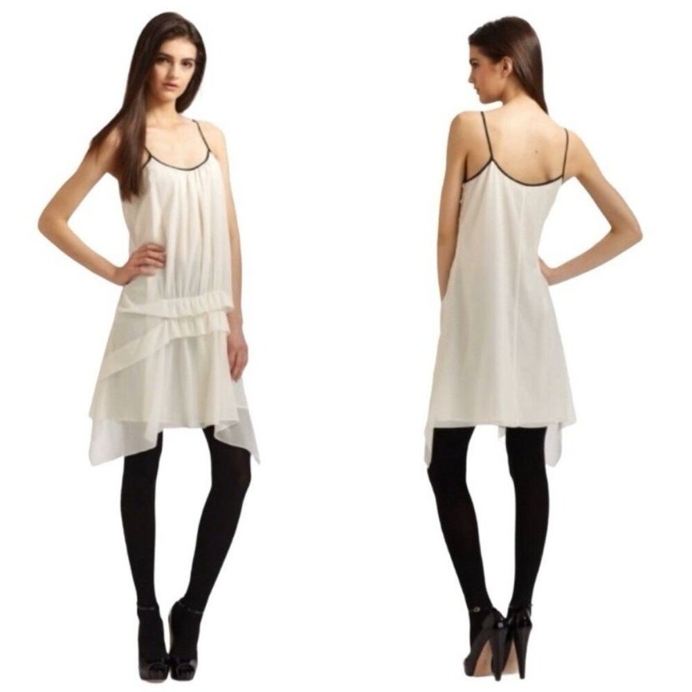 Theory Velima Silk Flowy Drop Waist Dress Cream Black Ties Size 8 Whimsigoth‎
